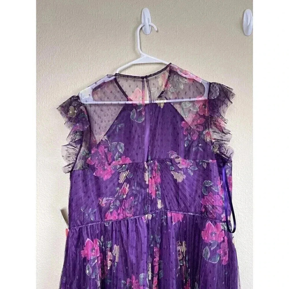 Mac Duggal Leena Cap Sleeve Floral A Line Dress Pleated Dot Tulle Womens Size 8 - Picture 5 of 14